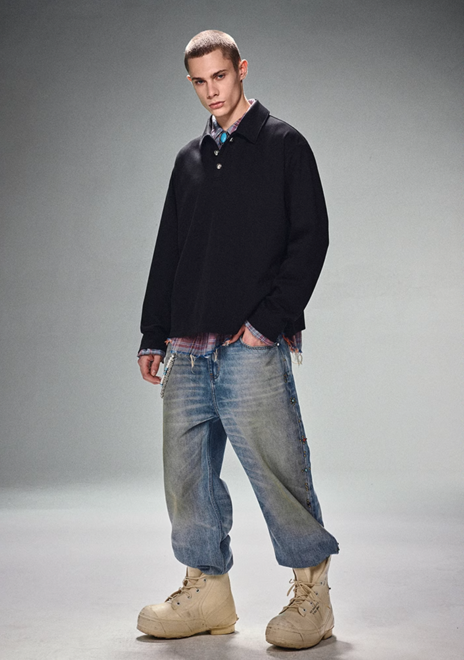 DICETINY Metal Button Long Sleeved Polo Shirt