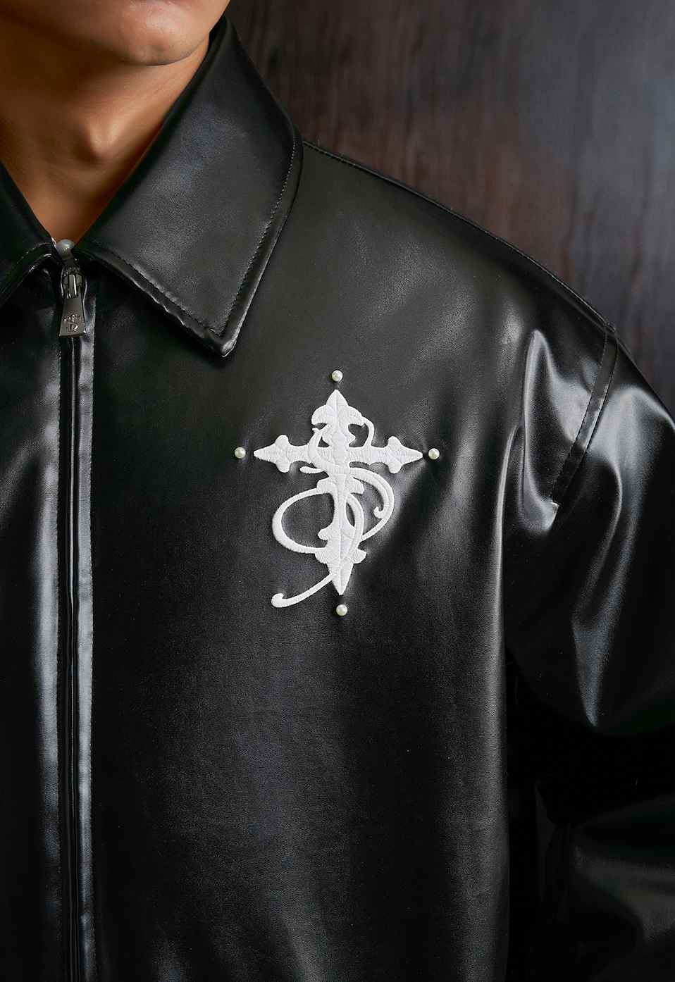 Small Town Kid Pearl Cross Logo PU Leather Racing Jacket