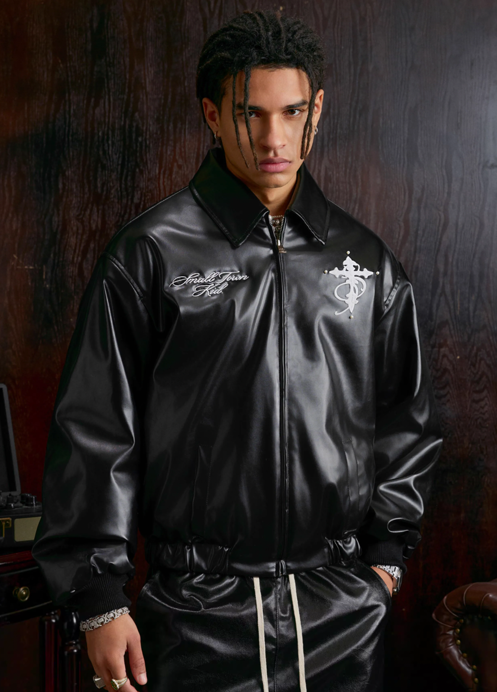 Small Town Kid Pearl Cross Logo PU Leather Racing Jacket