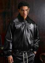 Small Town Kid Pearl Cross Logo PU Leather Racing Jacket