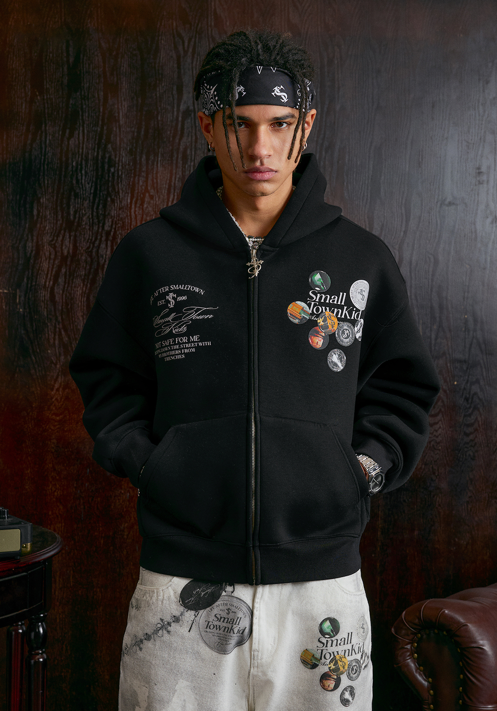 Small Town Kid Badge Logo Print Zip Up Hoodie