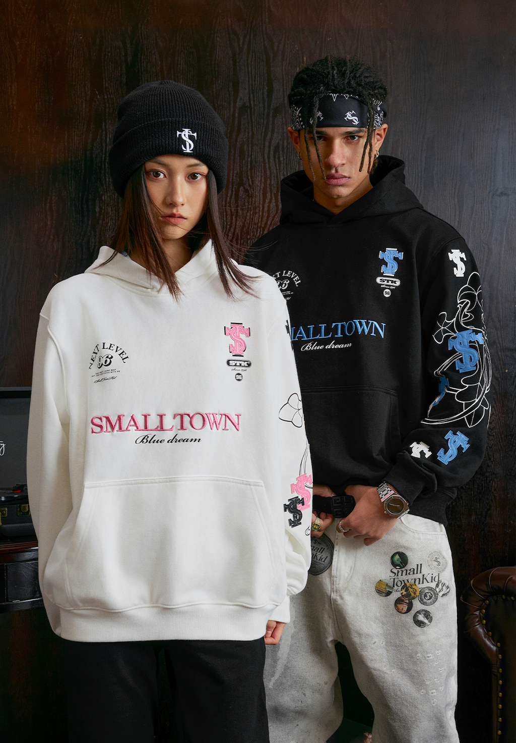 Small Town Kid Cross Print Patch Logo Leather Hoodie