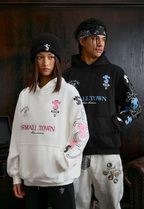 Small Town Kid Cross Print Patch Logo Leather Hoodie