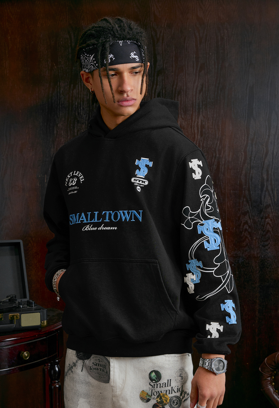 Small Town Kid Cross Print Patch Logo Leather Hoodie