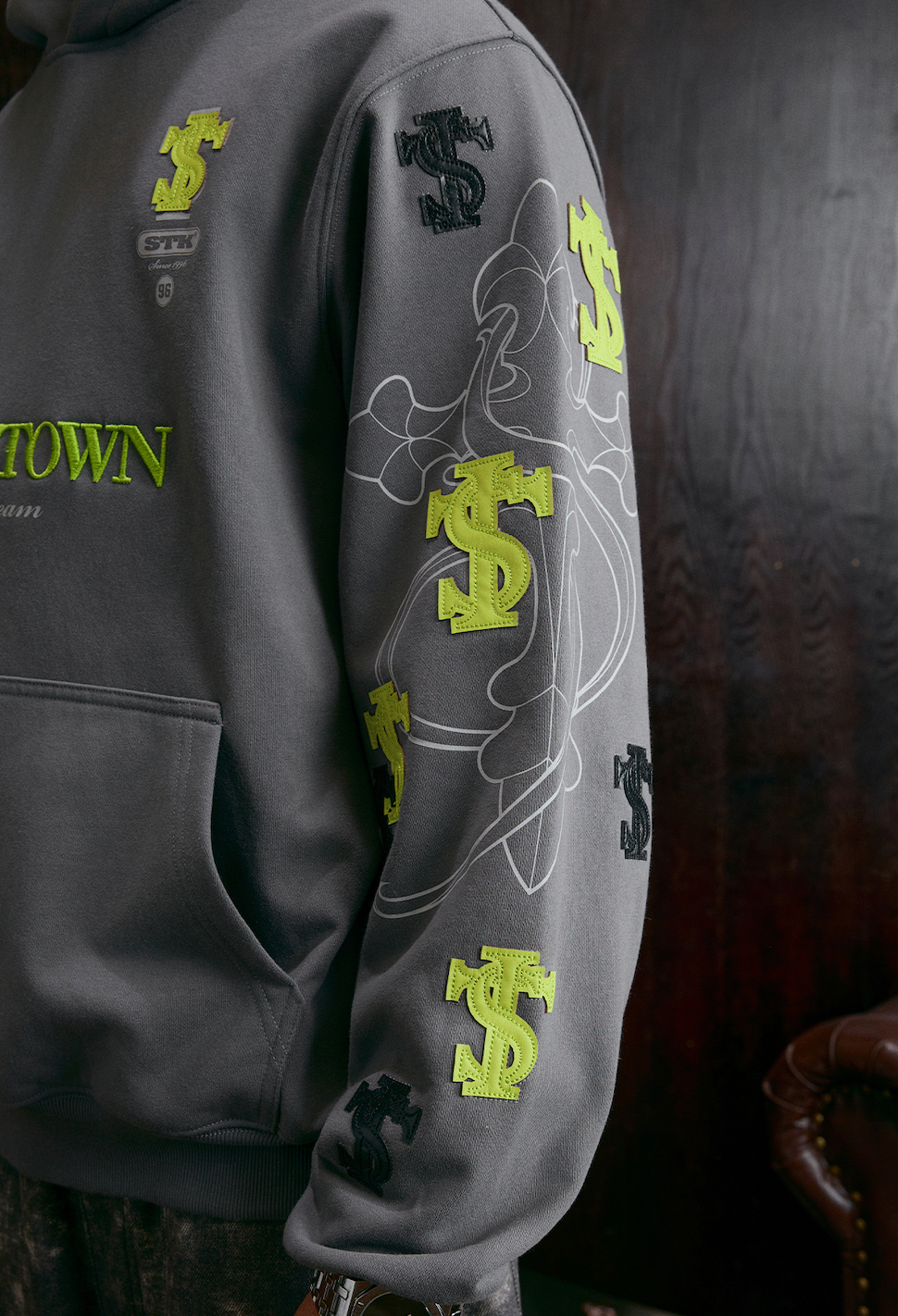 Small Town Kid Cross Print Patch Logo Leather Hoodie