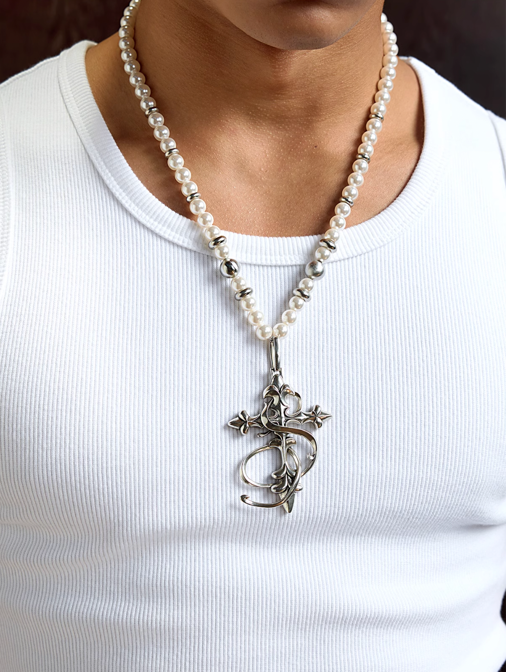 Small Town Kid Cross Pendant Pearl Necklace