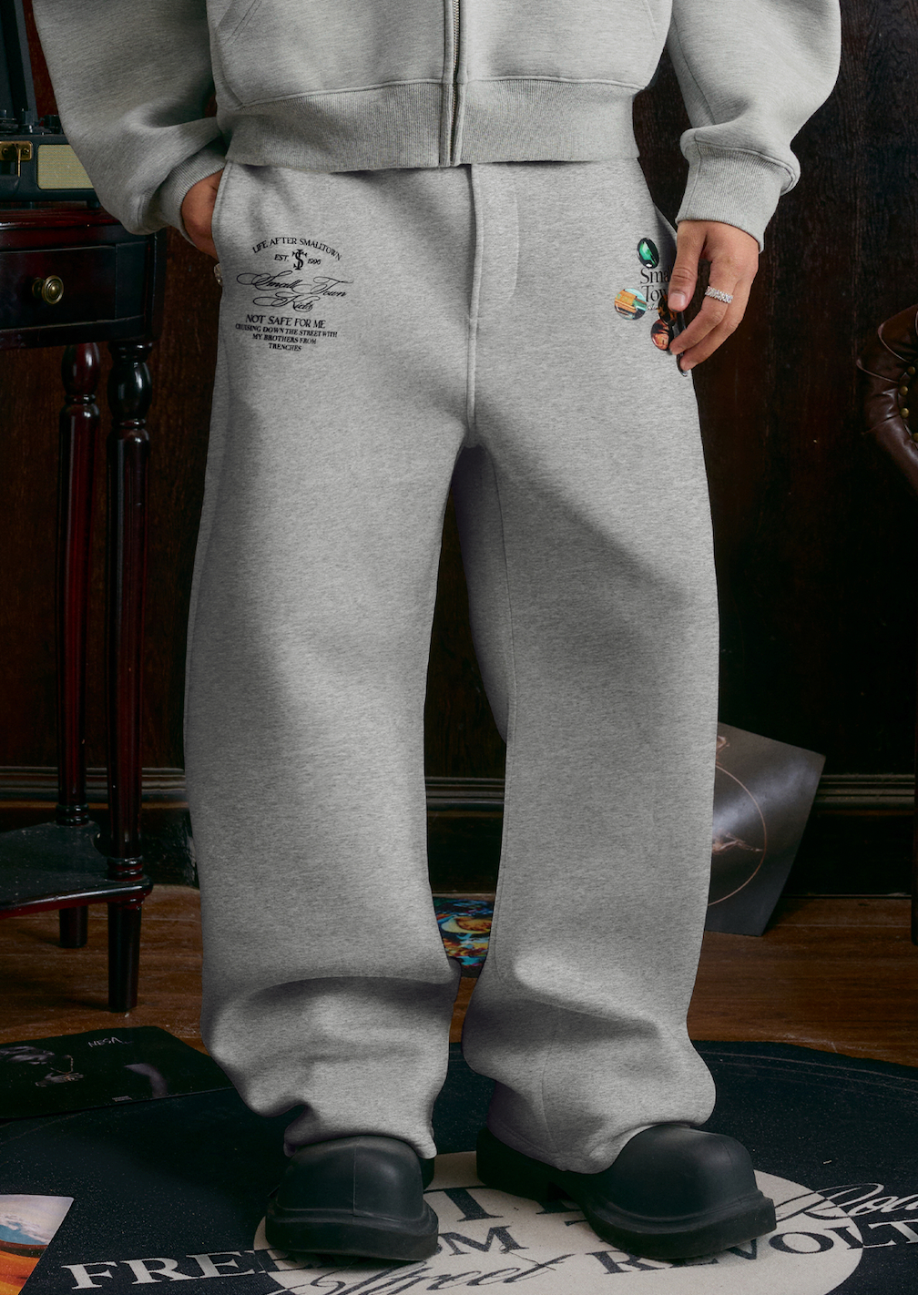 Small Town Kid Badge Printed Baggy Sweatpants