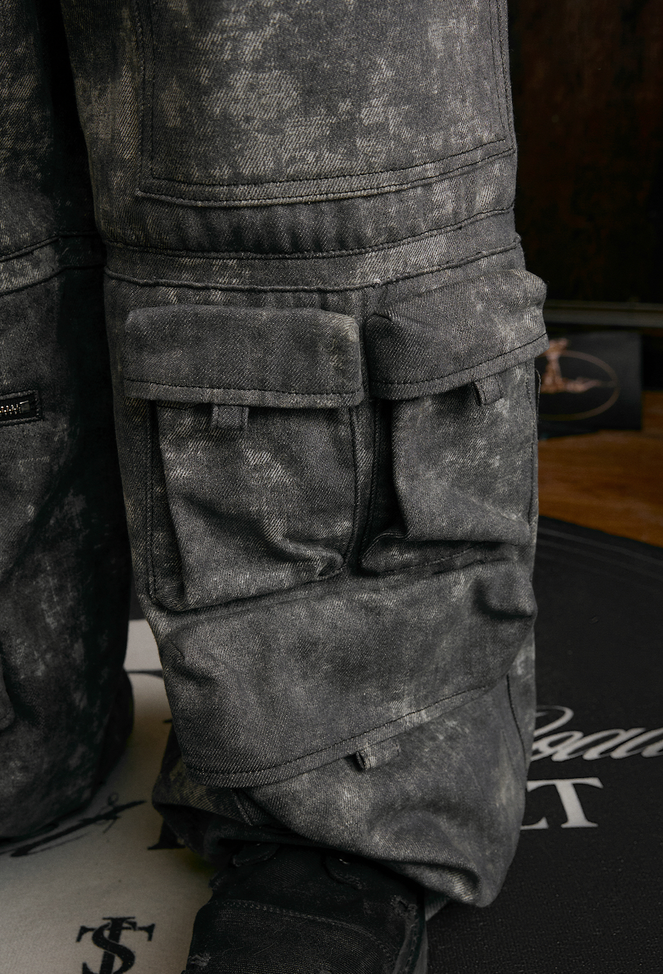 Small Town Kid Dirty Dye Multi Pocket Work Cargo Pants