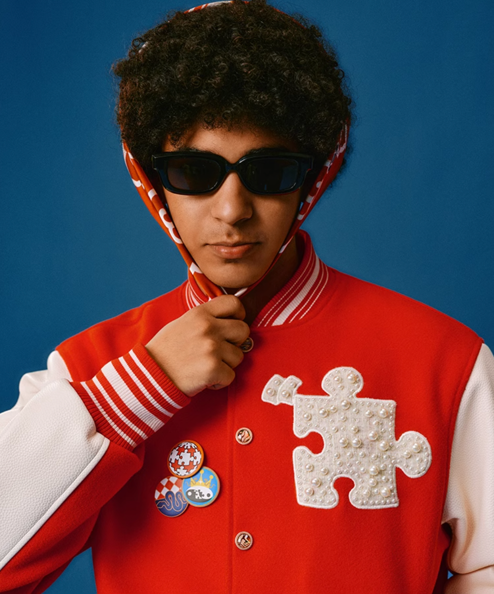 YADcrew Puzzle Snake Pearl Varsity Jacket