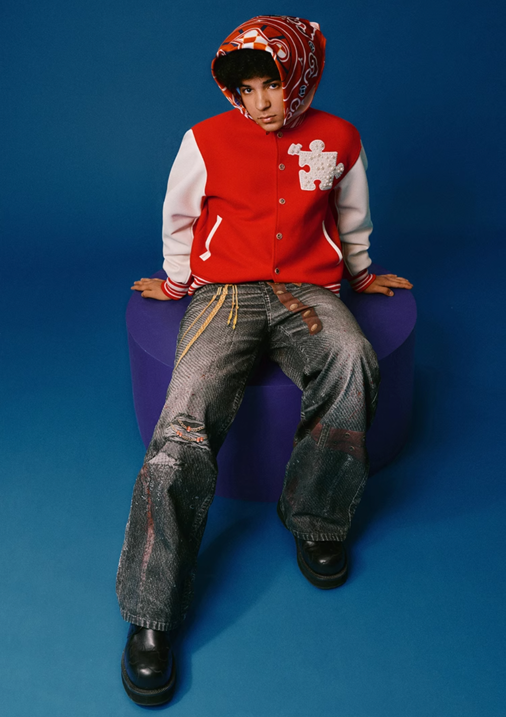 YADcrew Puzzle Snake Pearl Varsity Jacket