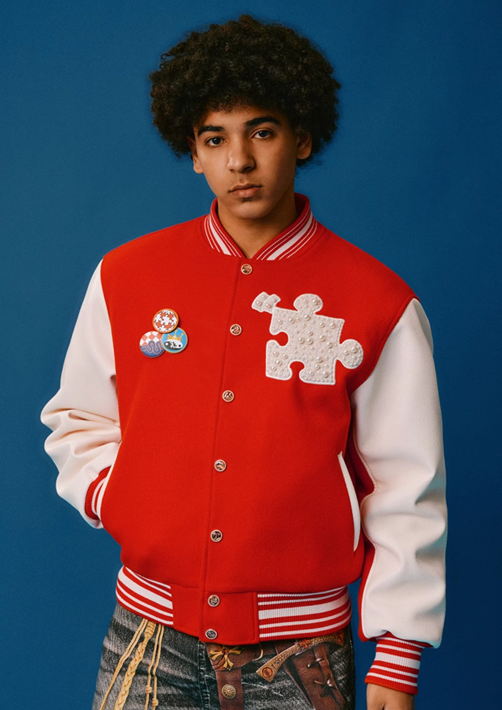 YADcrew Puzzle Snake Pearl Varsity Jacket