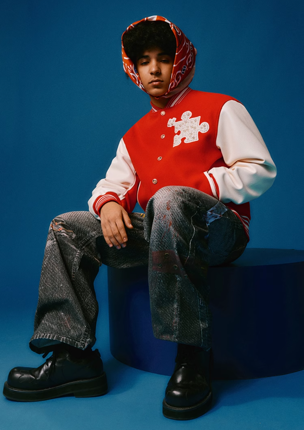 YADcrew Puzzle Snake Pearl Varsity Jacket