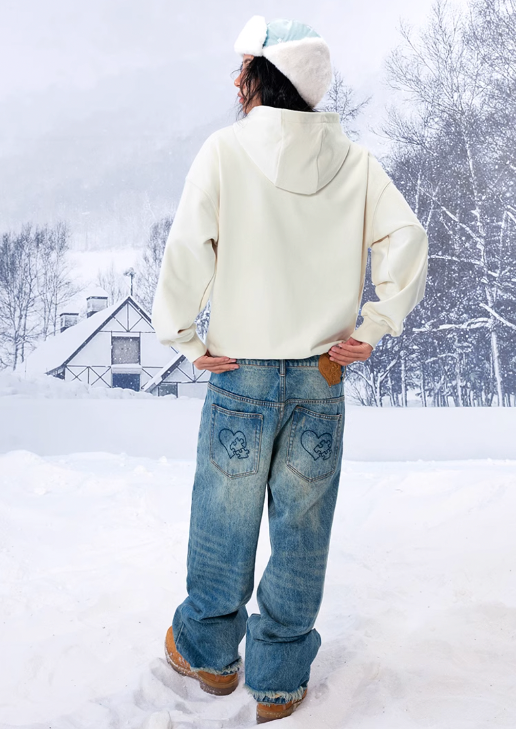 YADcrew Blue Sky Flower Puzzle Embroidery Hoodie