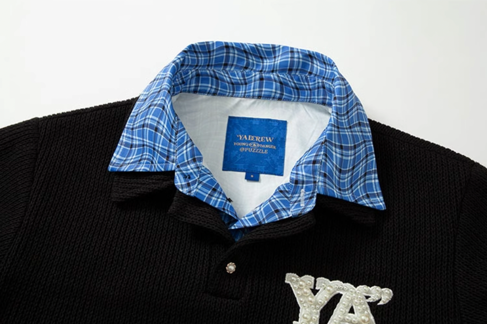 YADcrew Pearl Logo Double Collar Polo Knit Sweater