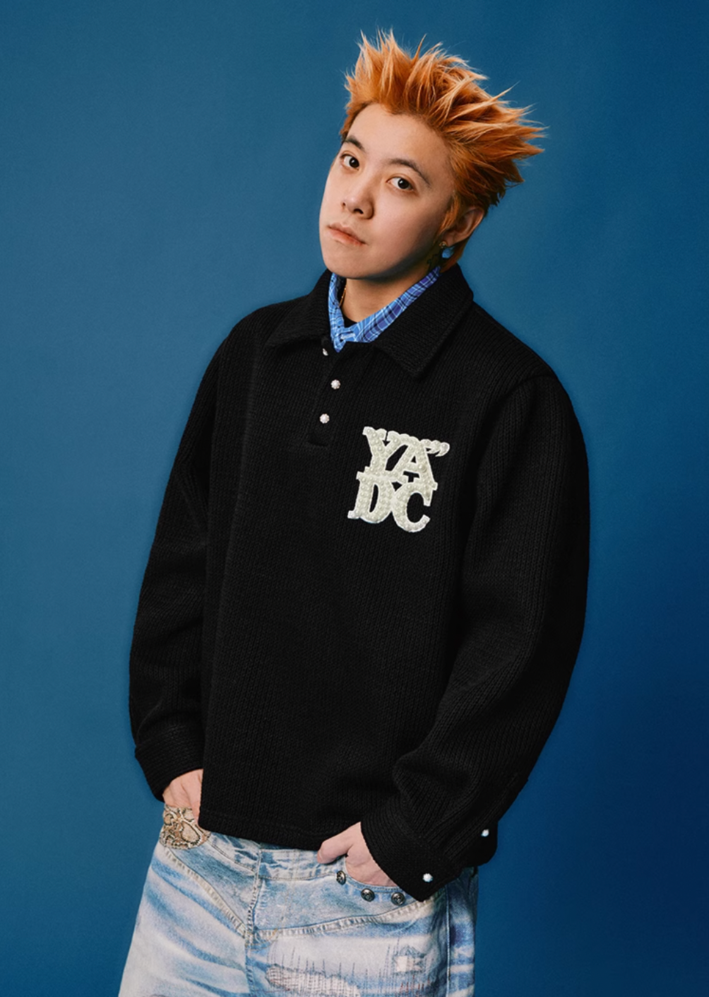 YADcrew Pearl Logo Double Collar Polo Knit Sweater