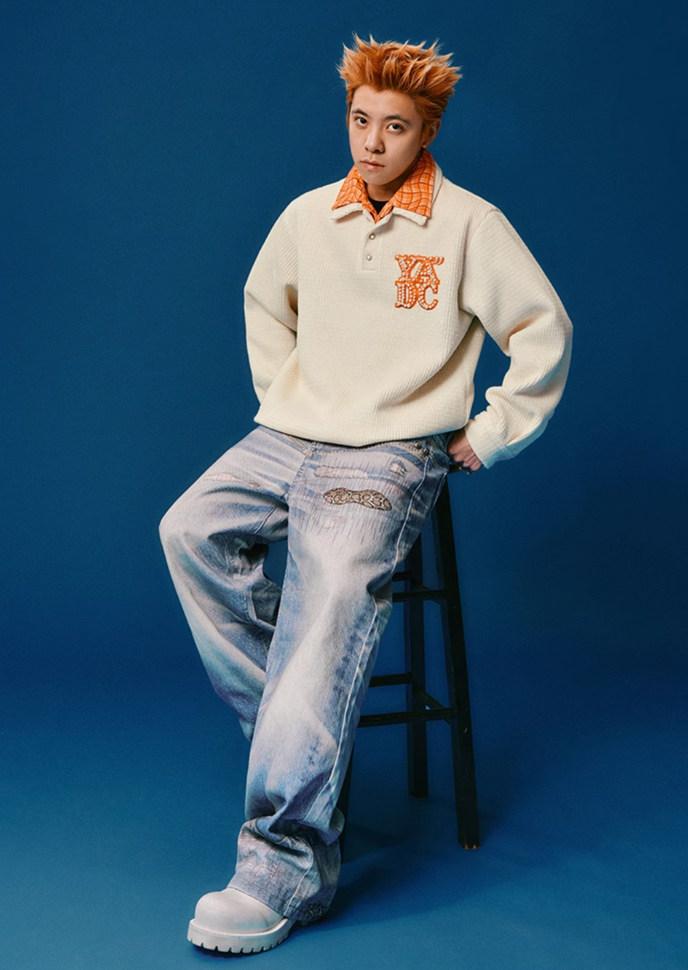 YADcrew Pearl Logo Double Collar Polo Knit Sweater