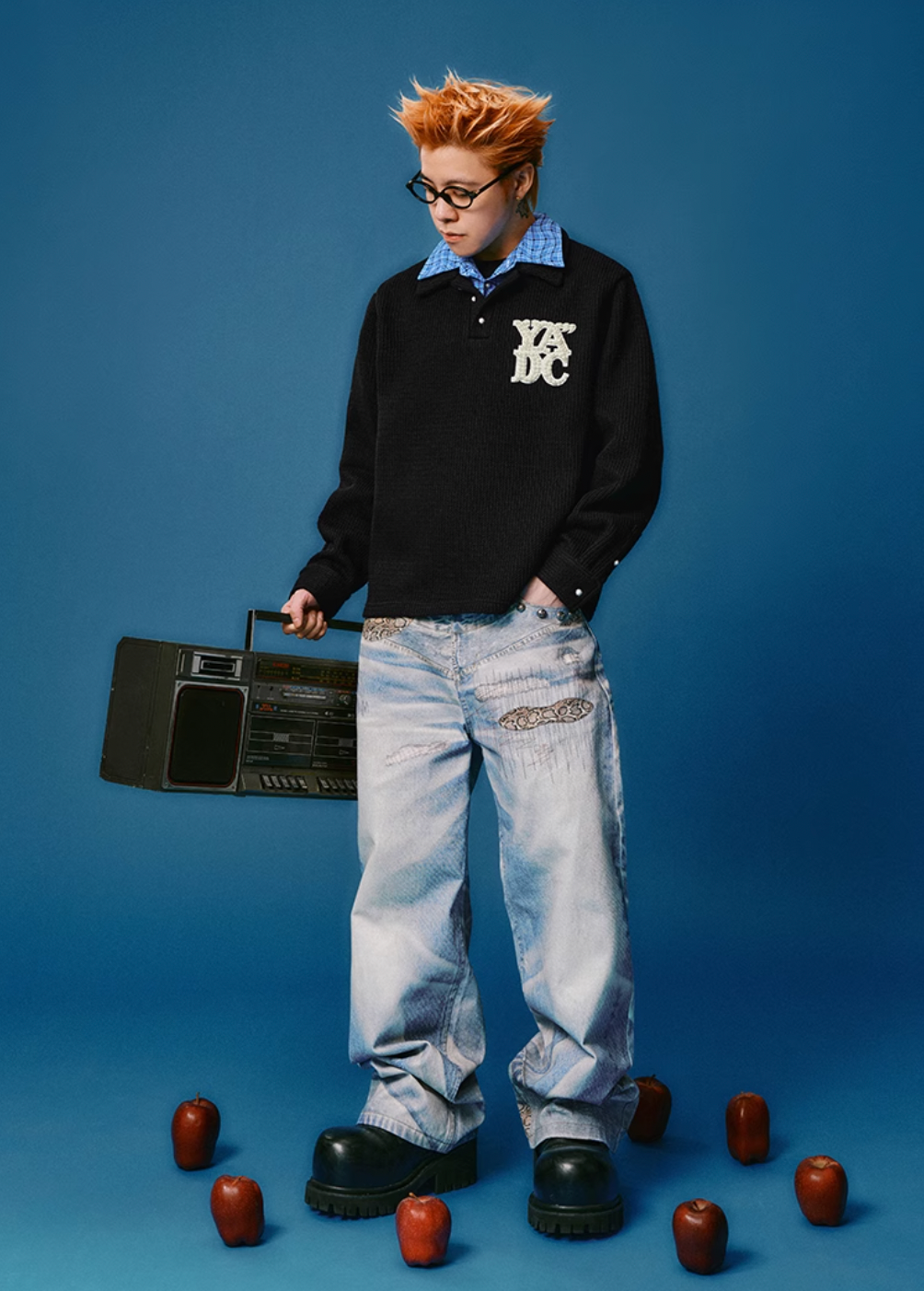 YADcrew Pearl Logo Double Collar Polo Knit Sweater