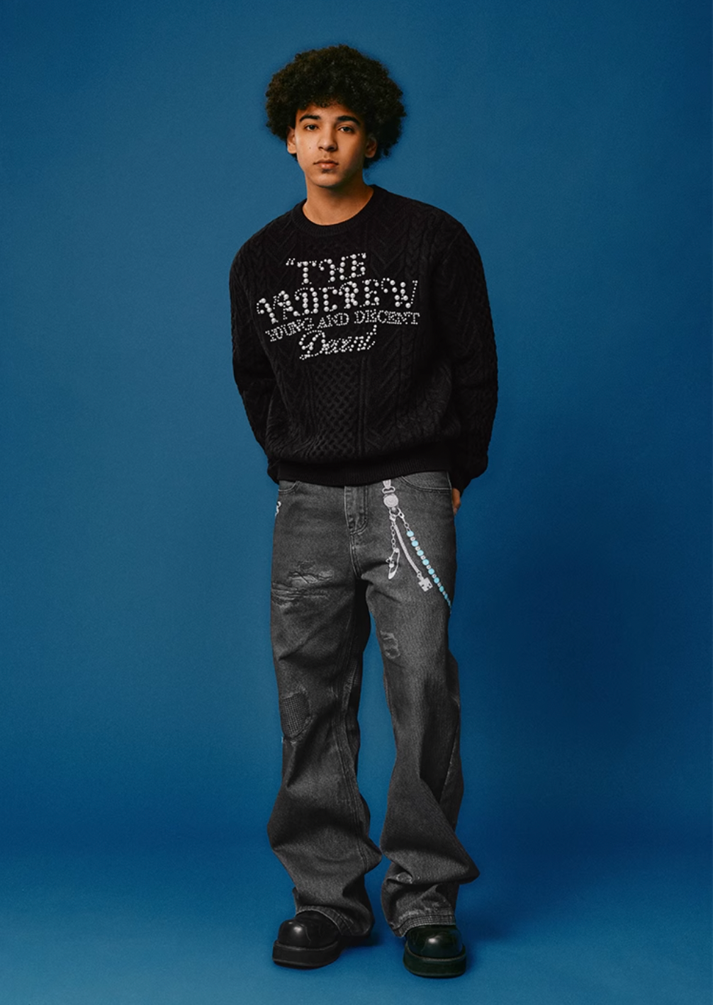 YADcrew Pearl Text Typography Knit Sweater