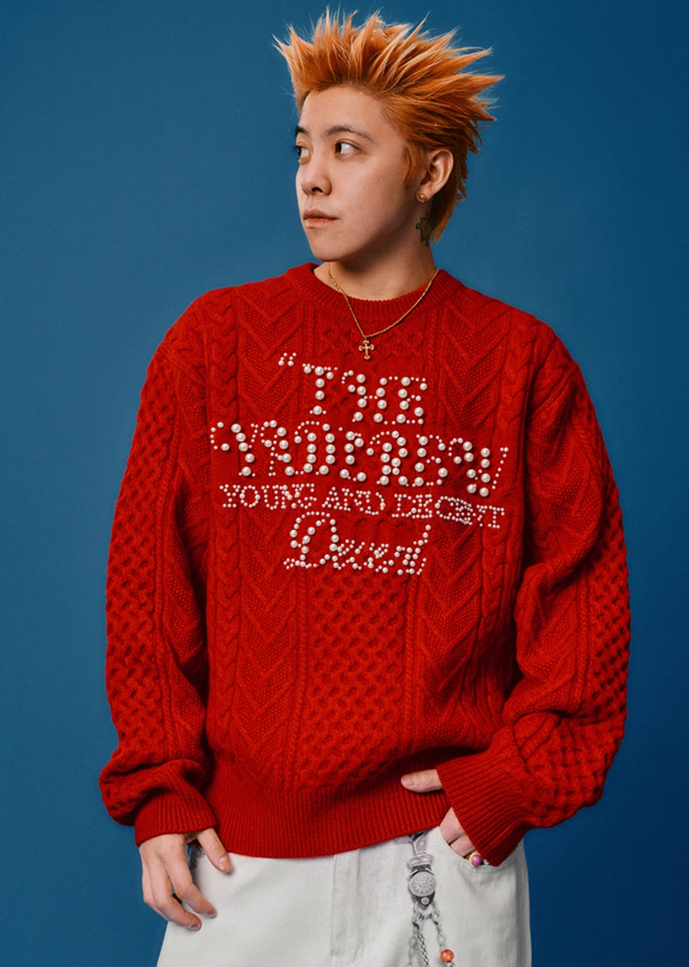 YADcrew Pearl Text Typography Knit Sweater