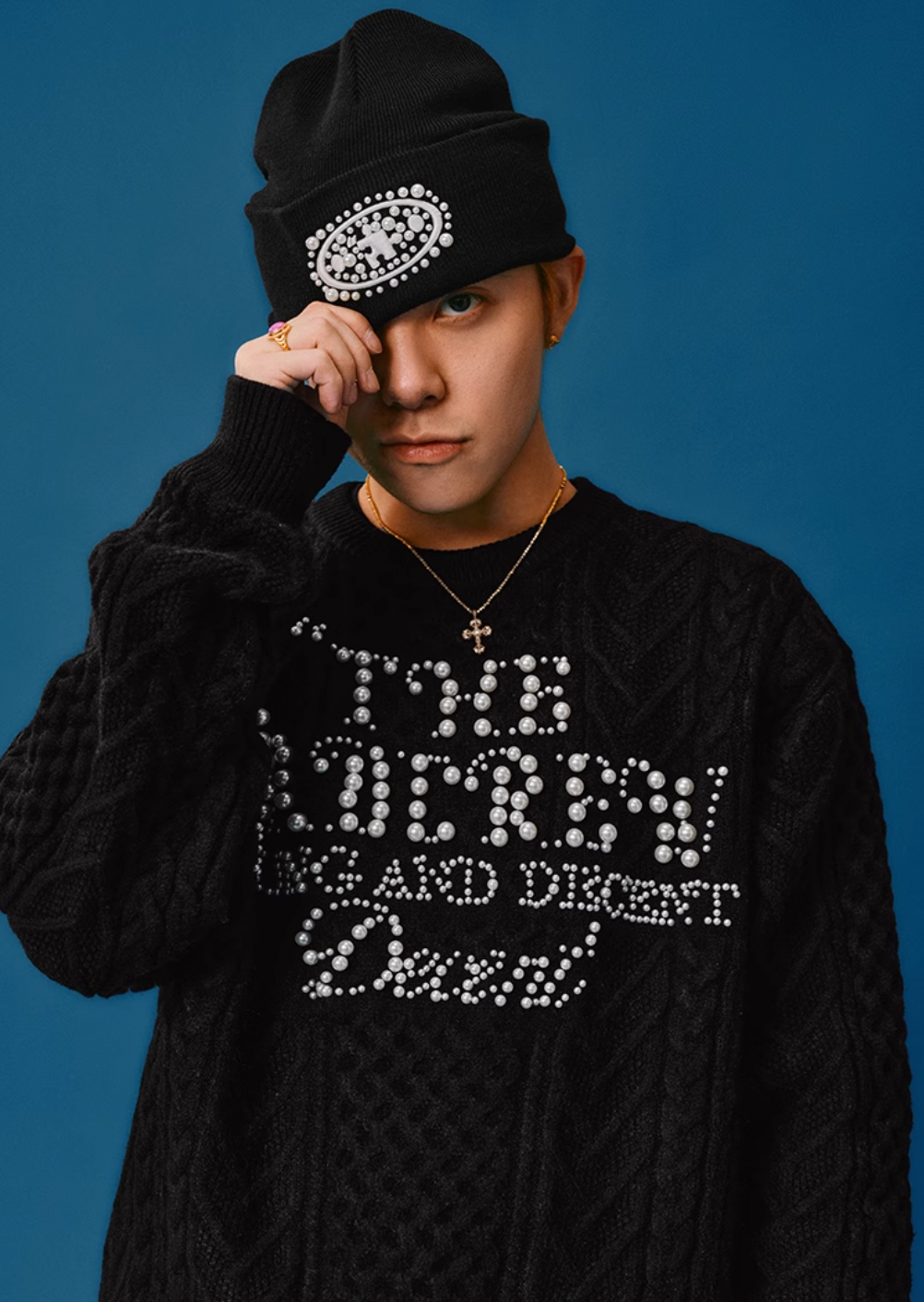 YADcrew Pearl Text Typography Knit Sweater