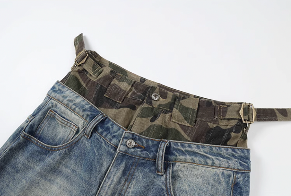 YADcrew Camouflage Splicing Double Waistband Baggy Jeans