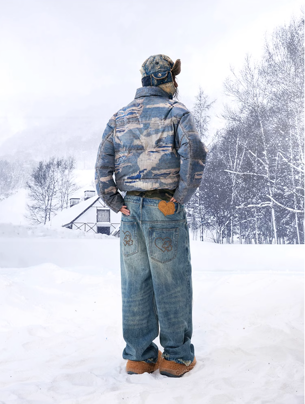 YADcrew Camouflage Splicing Double Waistband Baggy Jeans