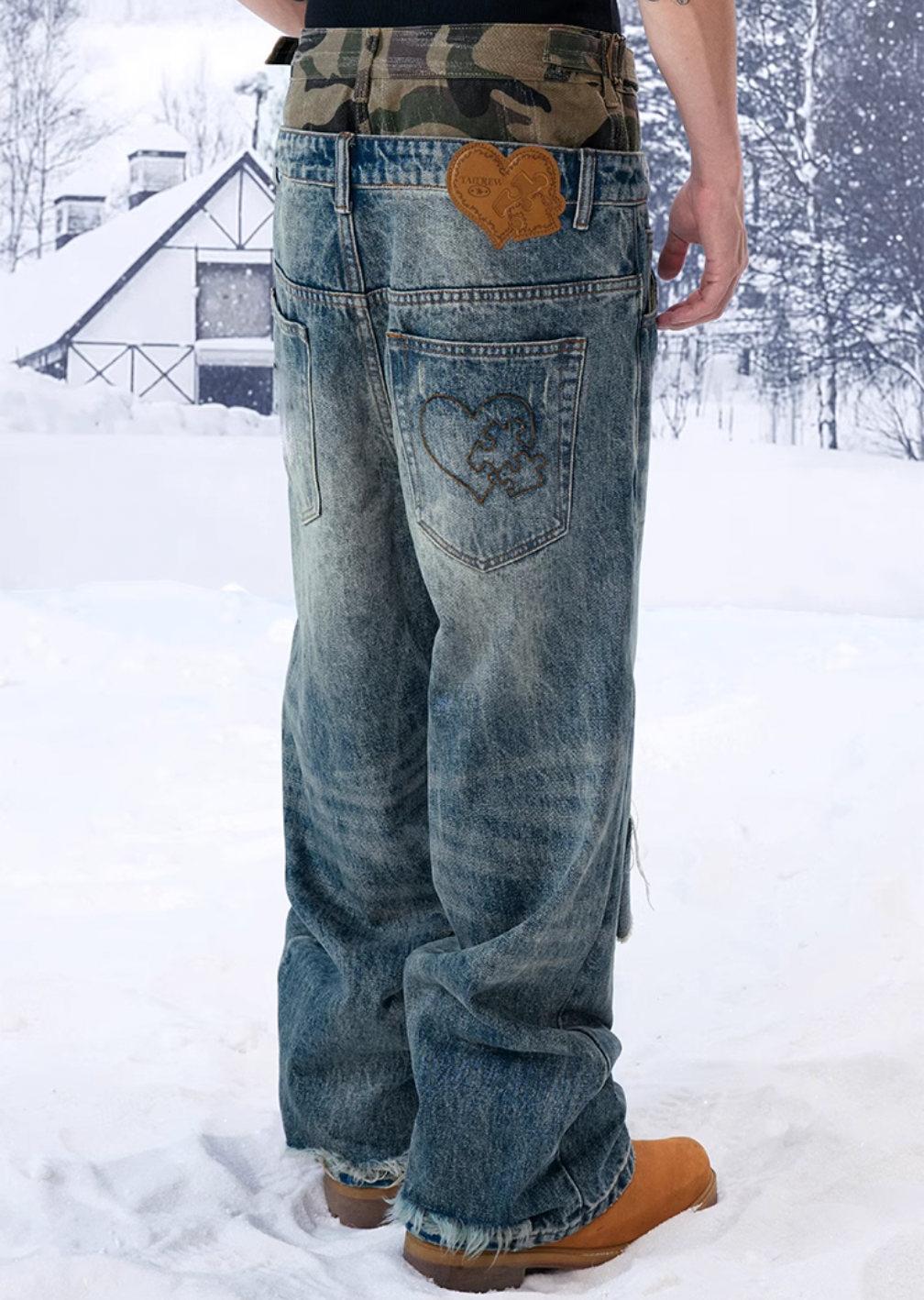 YADcrew Camouflage Splicing Double Waistband Baggy Jeans