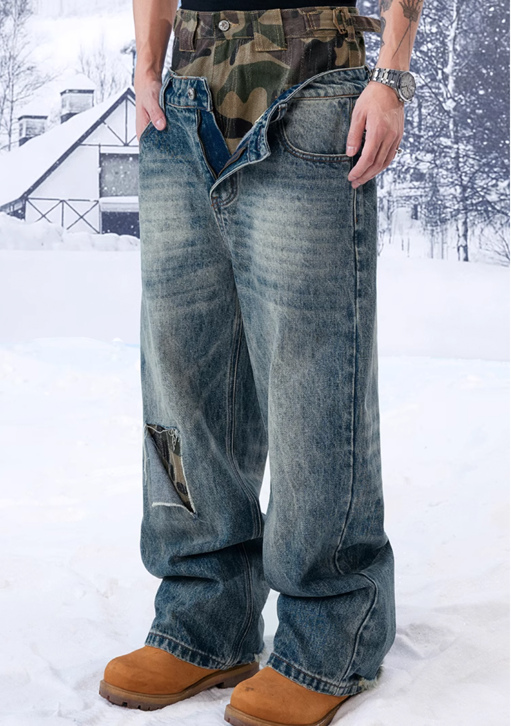 YADcrew Camouflage Splicing Double Waistband Baggy Jeans