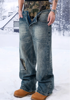 YADcrew Camouflage Splicing Double Waistband Baggy Jeans
