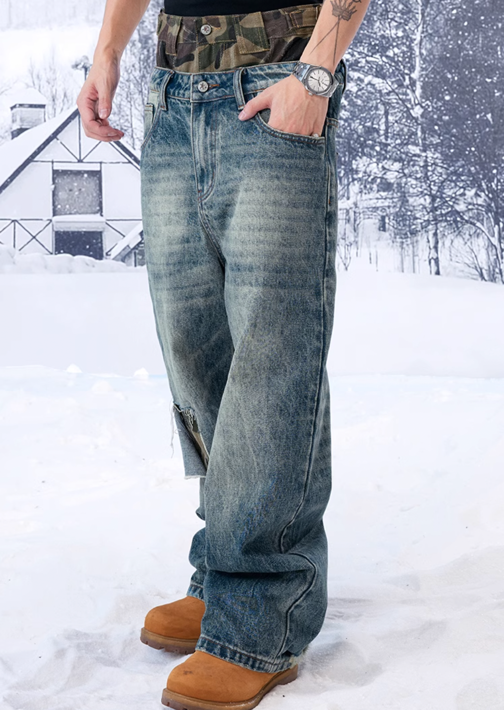YADcrew Camouflage Splicing Double Waistband Baggy Jeans