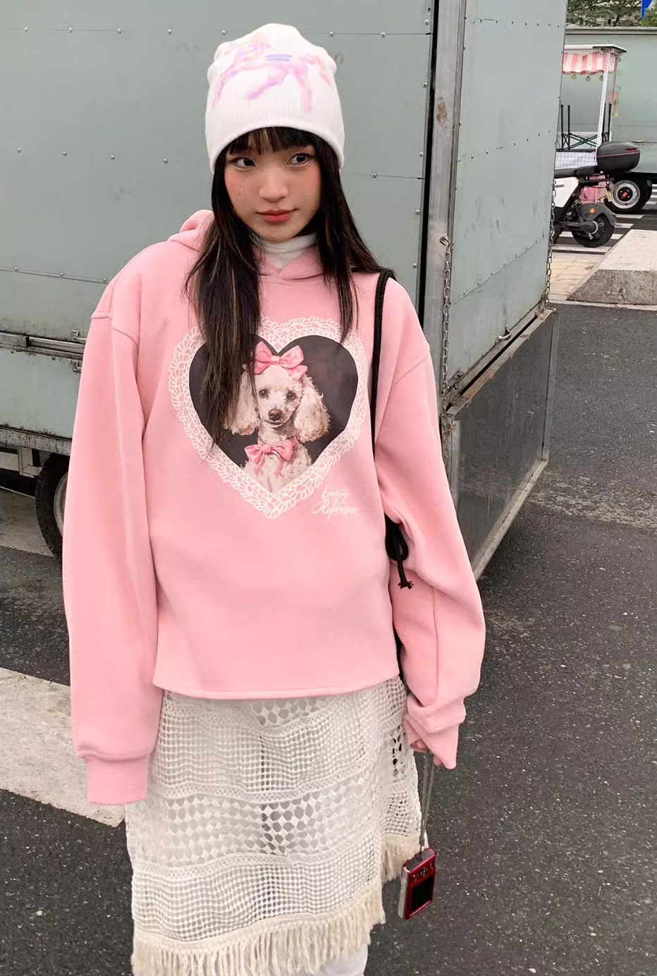 EMPTY REFERENCE Lace Heart Puppy Print Hoodie