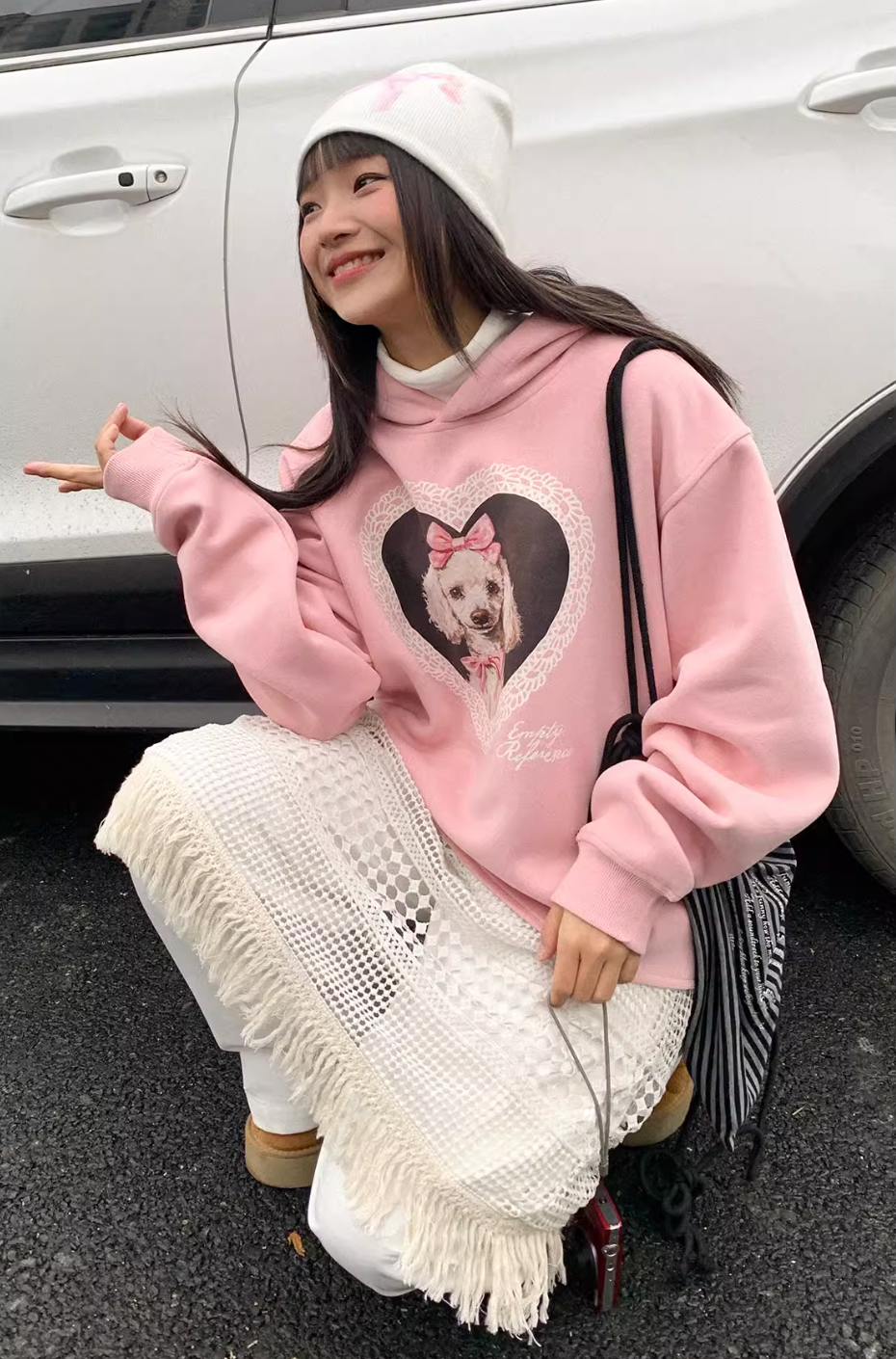 EMPTY REFERENCE Lace Heart Puppy Print Hoodie