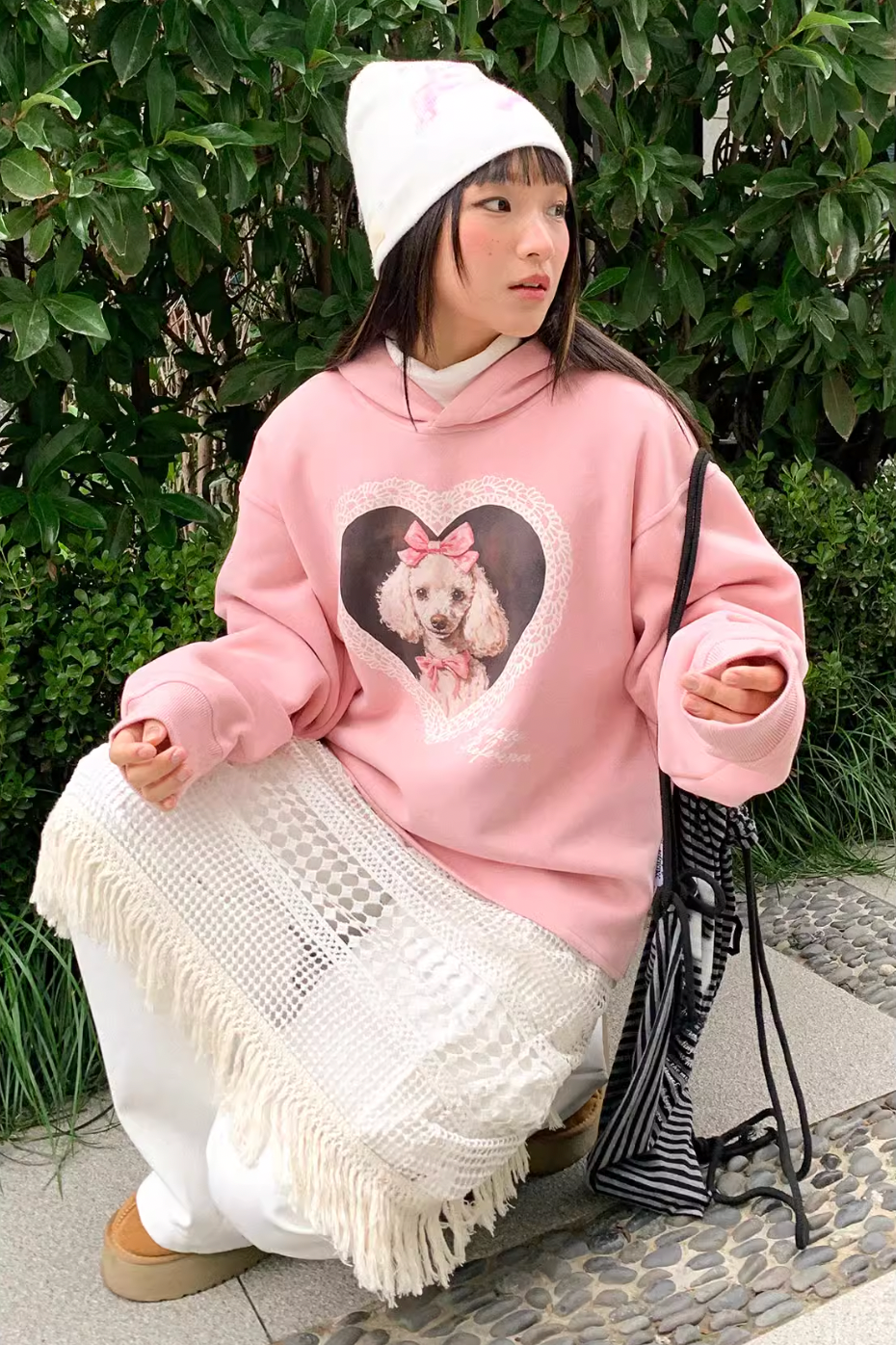 EMPTY REFERENCE Lace Heart Puppy Print Hoodie