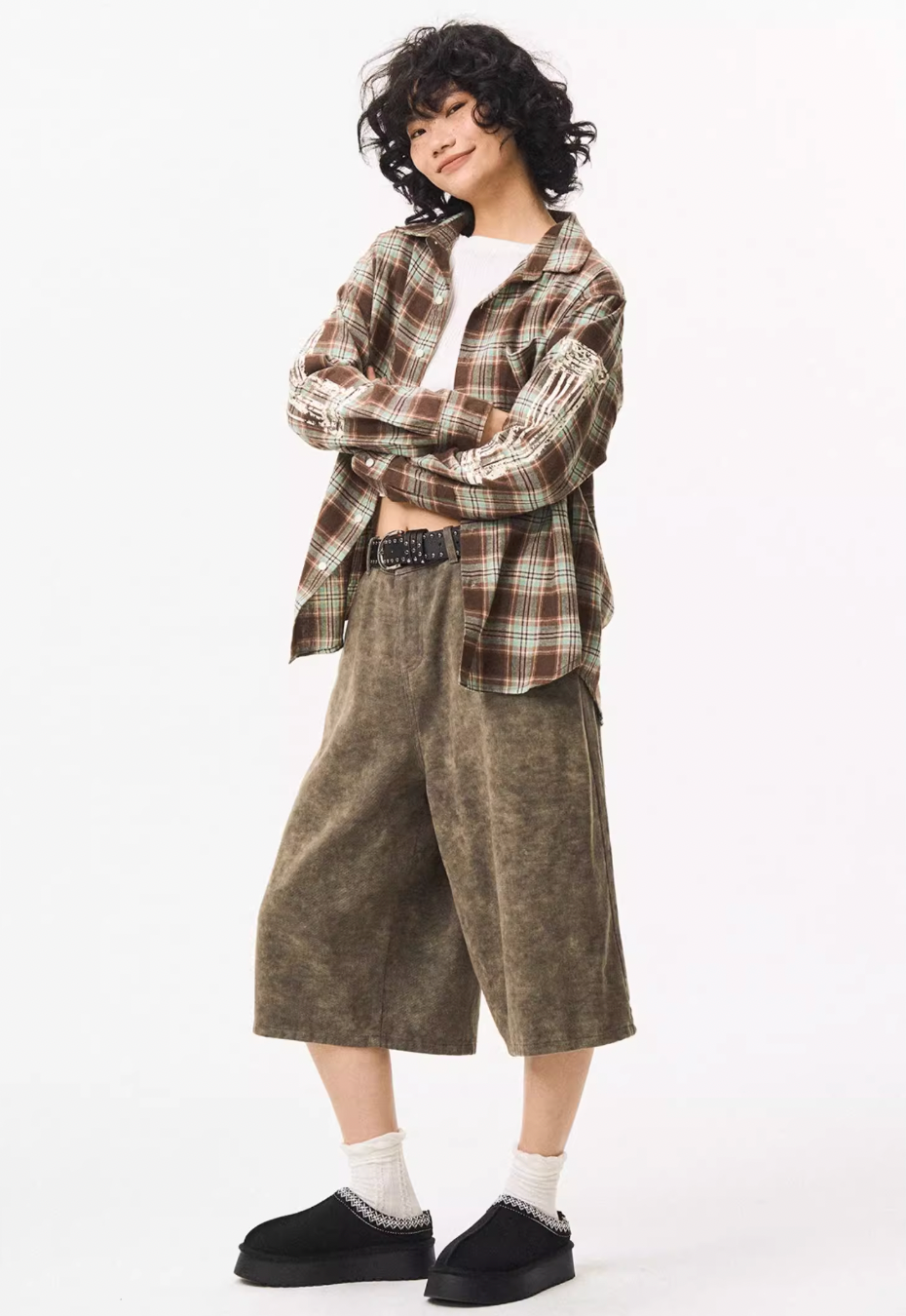 EMPTY REFERENCE Roman Column Print Plaid Long Sleeve Shirt