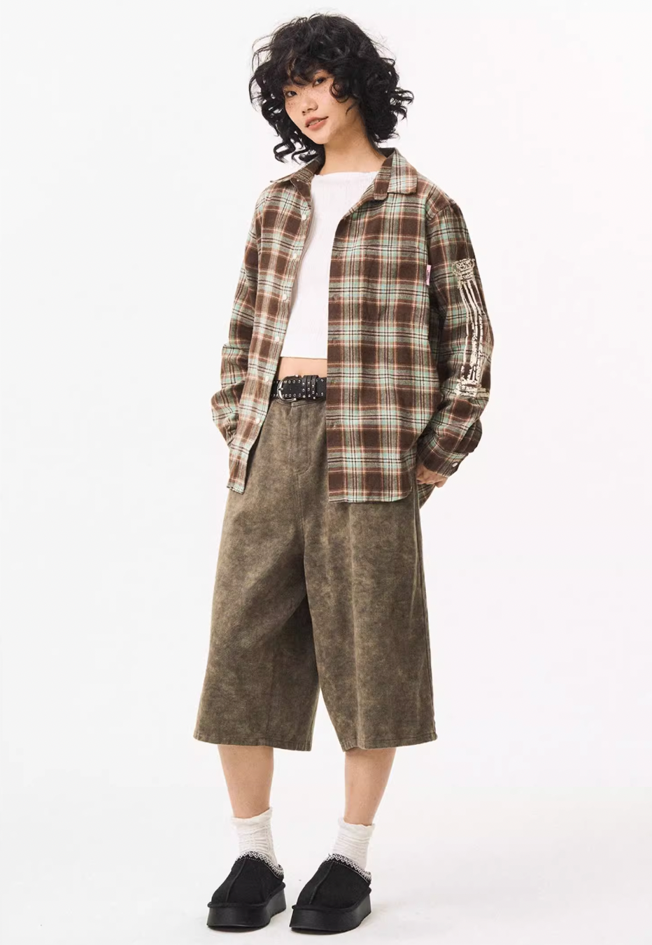 EMPTY REFERENCE Roman Column Print Plaid Long Sleeve Shirt