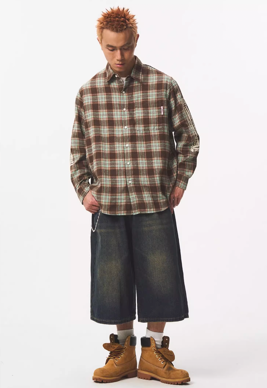 EMPTY REFERENCE Roman Column Print Plaid Long Sleeve Shirt