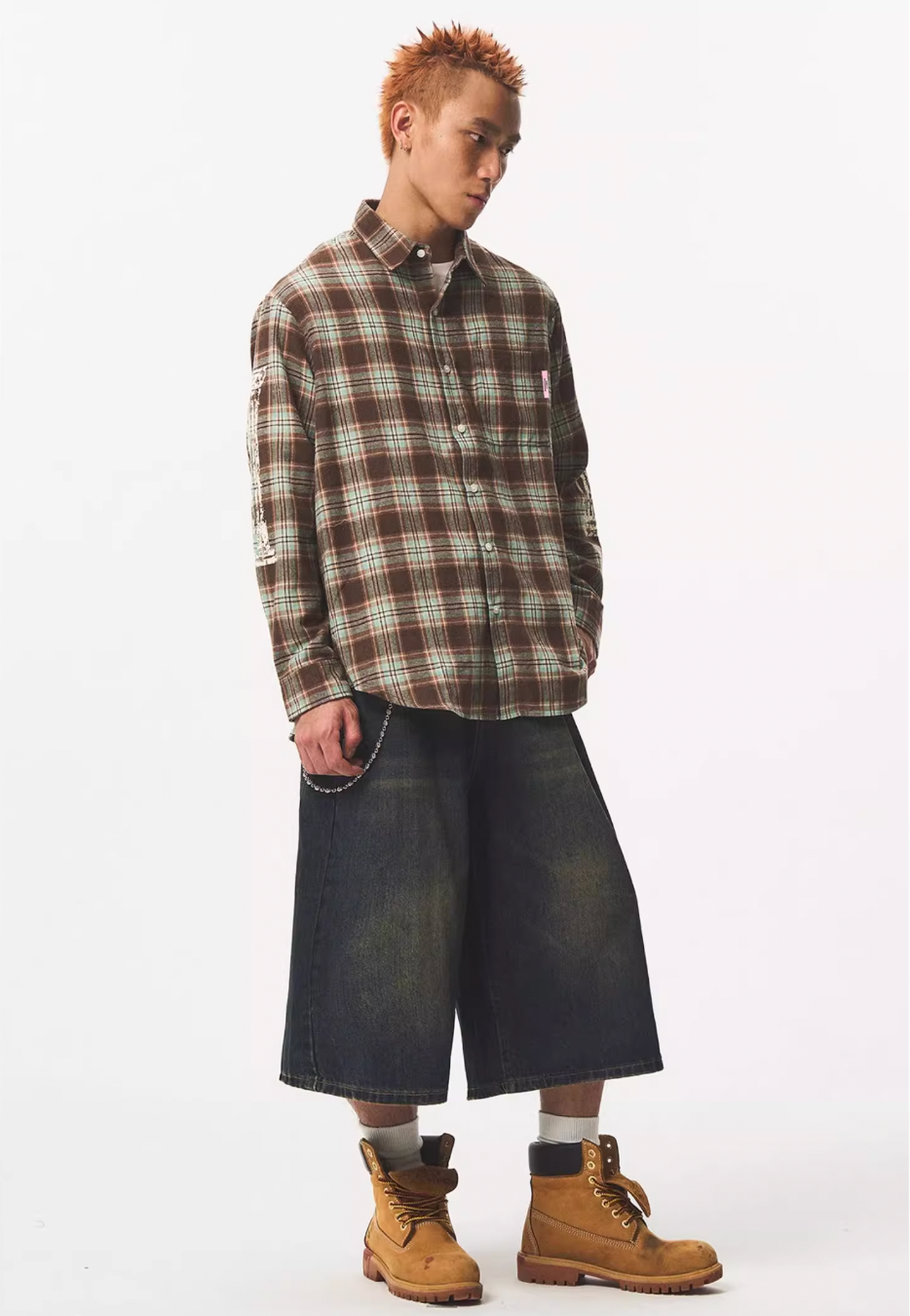 EMPTY REFERENCE Roman Column Print Plaid Long Sleeve Shirt