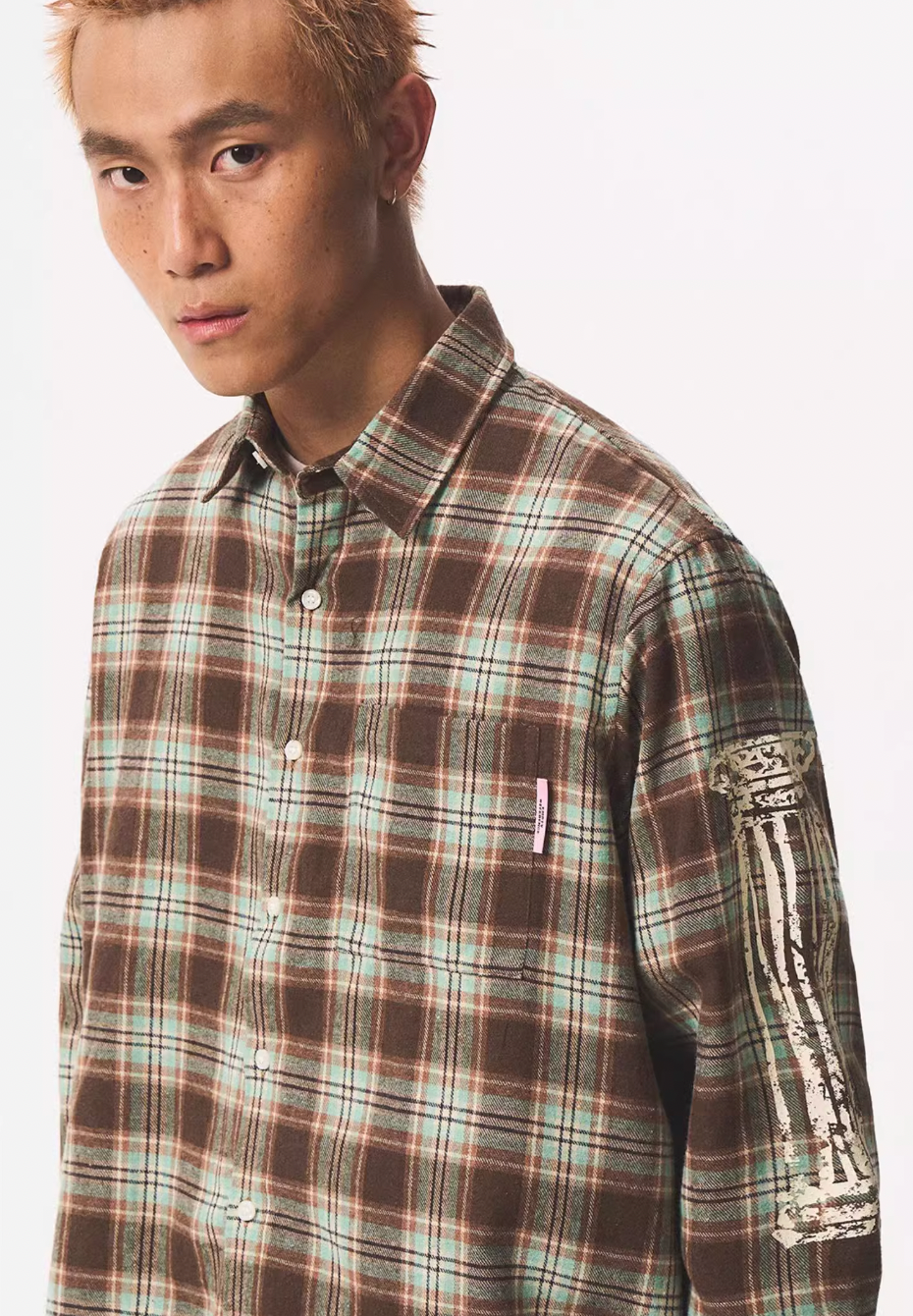 EMPTY REFERENCE Roman Column Print Plaid Long Sleeve Shirt