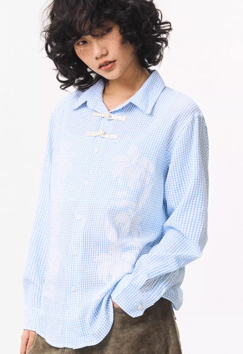 EMPTY REFERENCE Printed Blue Plaid Long Sleeve Shirt