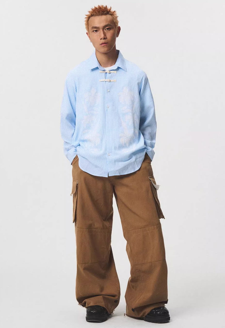 EMPTY REFERENCE Printed Blue Plaid Long Sleeve Shirt
