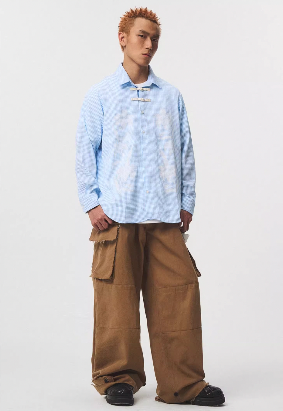EMPTY REFERENCE Printed Blue Plaid Long Sleeve Shirt