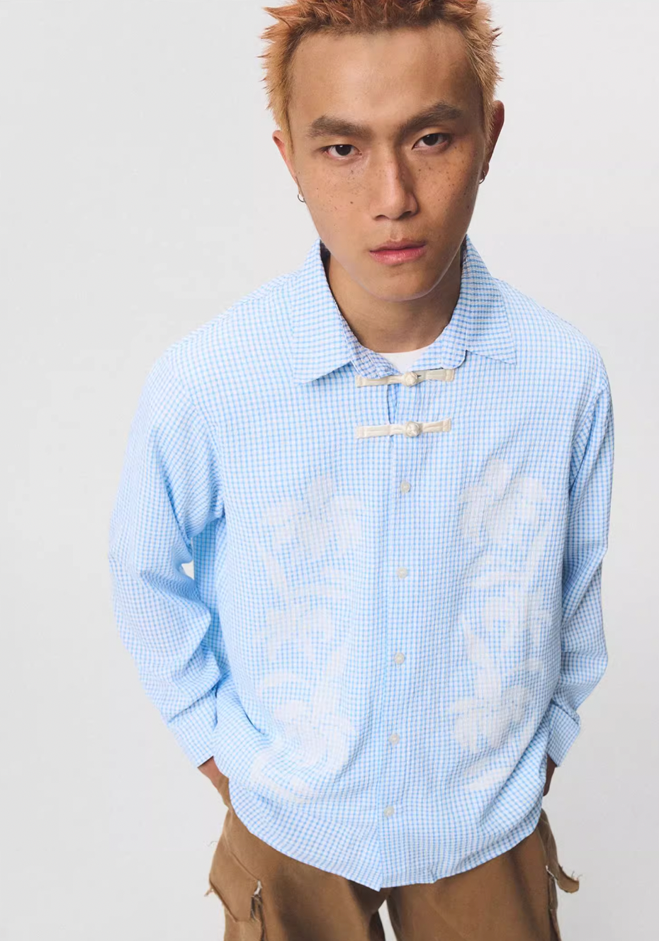 EMPTY REFERENCE Printed Blue Plaid Long Sleeve Shirt