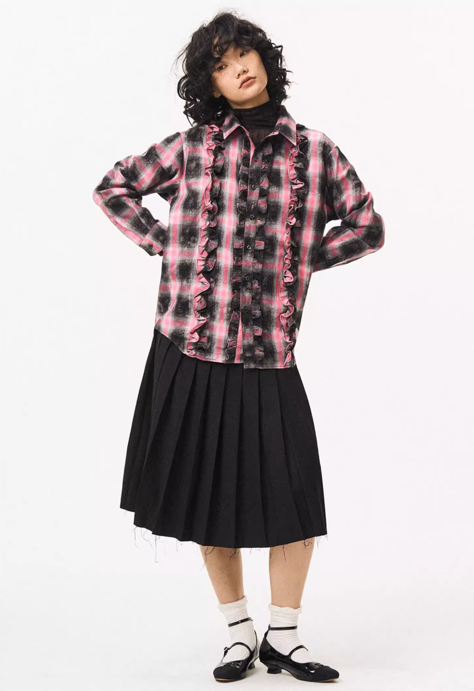 EMPTY REFERENCE Lace Plaid Pink Long Sleeve Shirt