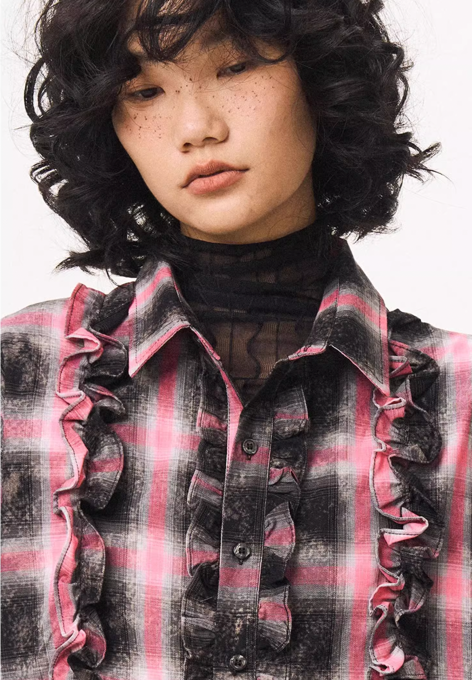 EMPTY REFERENCE Lace Plaid Pink Long Sleeve Shirt