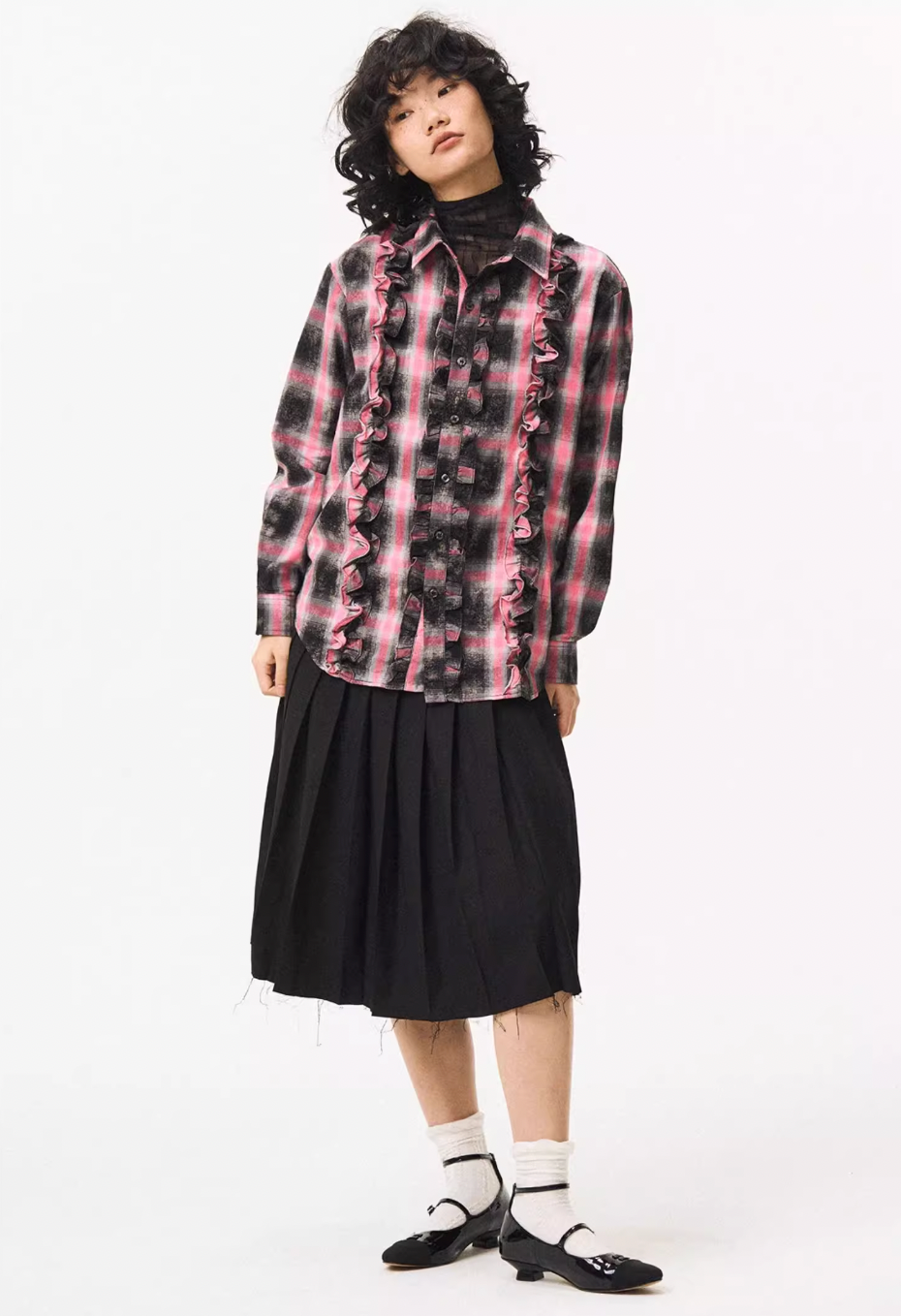 EMPTY REFERENCE Lace Plaid Pink Long Sleeve Shirt