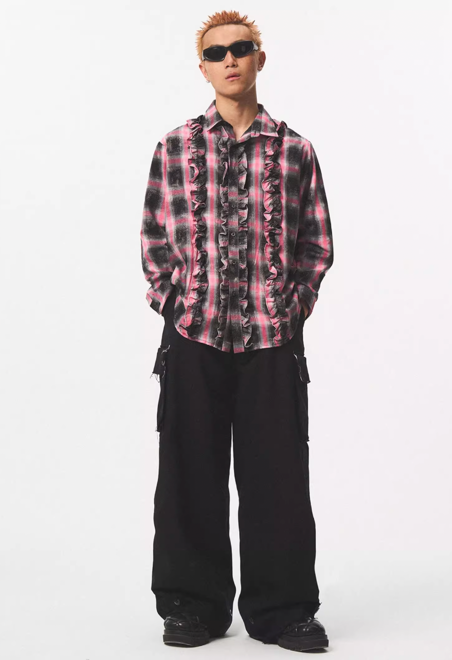 EMPTY REFERENCE Lace Plaid Pink Long Sleeve Shirt