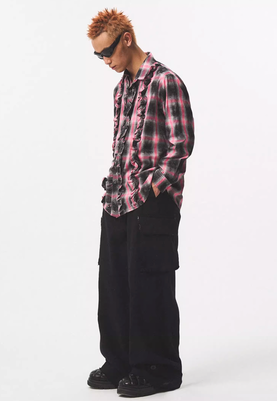 EMPTY REFERENCE Lace Plaid Pink Long Sleeve Shirt