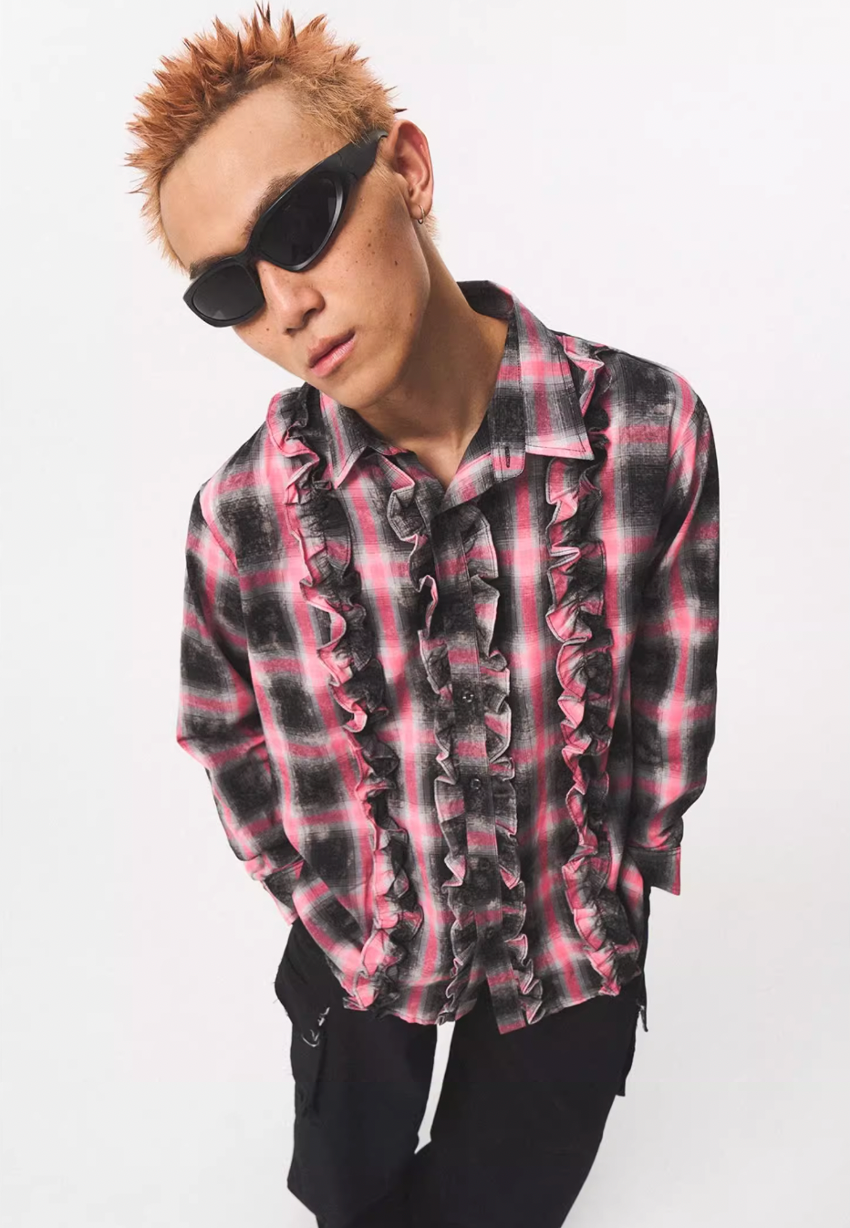 EMPTY REFERENCE Lace Plaid Pink Long Sleeve Shirt