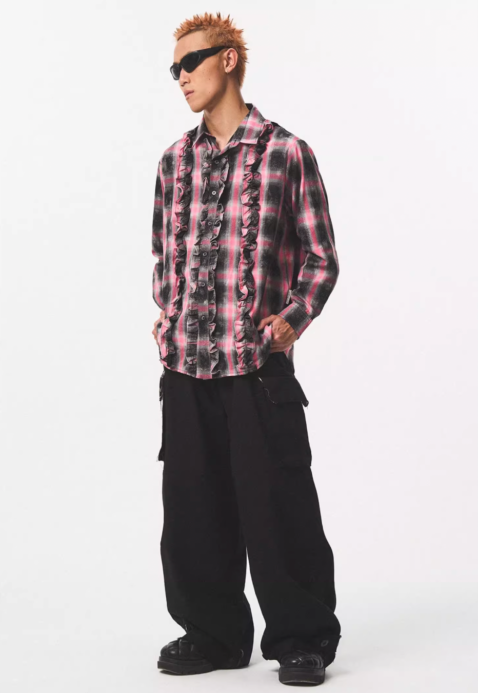 EMPTY REFERENCE Lace Plaid Pink Long Sleeve Shirt