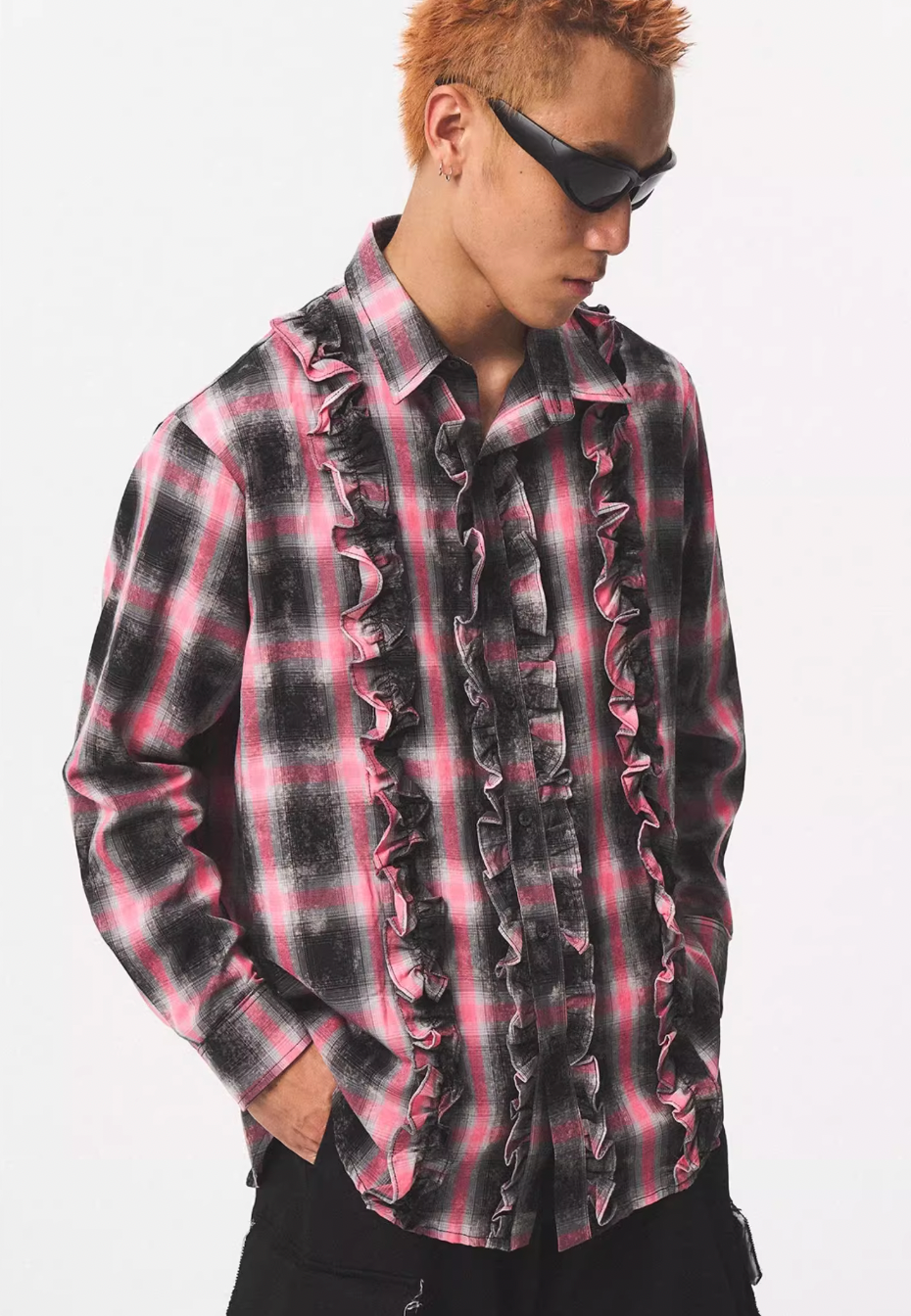 EMPTY REFERENCE Lace Plaid Pink Long Sleeve Shirt
